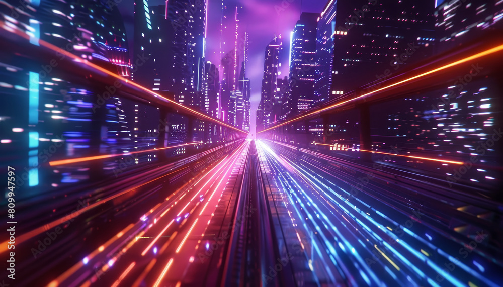 A cityscape with neon lights and a train running through it by AI generated image A cityscape with neon lights and a train running through it by AI generated image