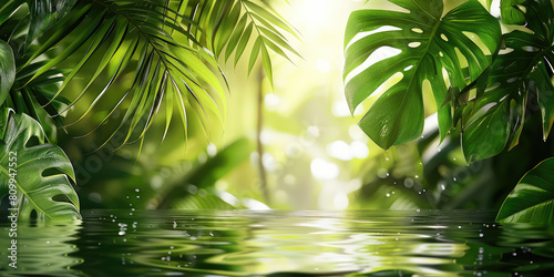 Green exotic Tropical Leaves on Water Background  copy space. Natural composition banner template.
