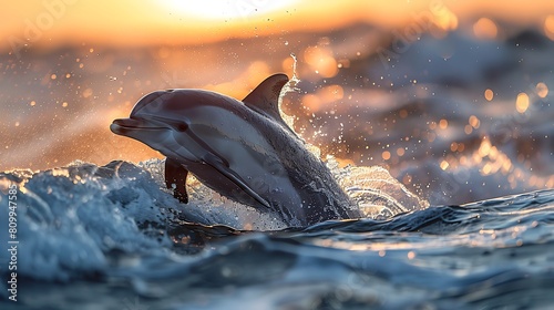 A graceful dolphin, leaping joyfully above the waves, captured against a serene blue background photo