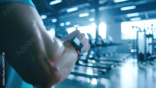 a man in the gym with a fitness bracelet on his hand to self-monitor the condition of his body.