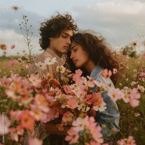 En un campo de flores en plena floración bajo un cielo cada vez más suave, dos personas comparten un abrazo íntimo. photo