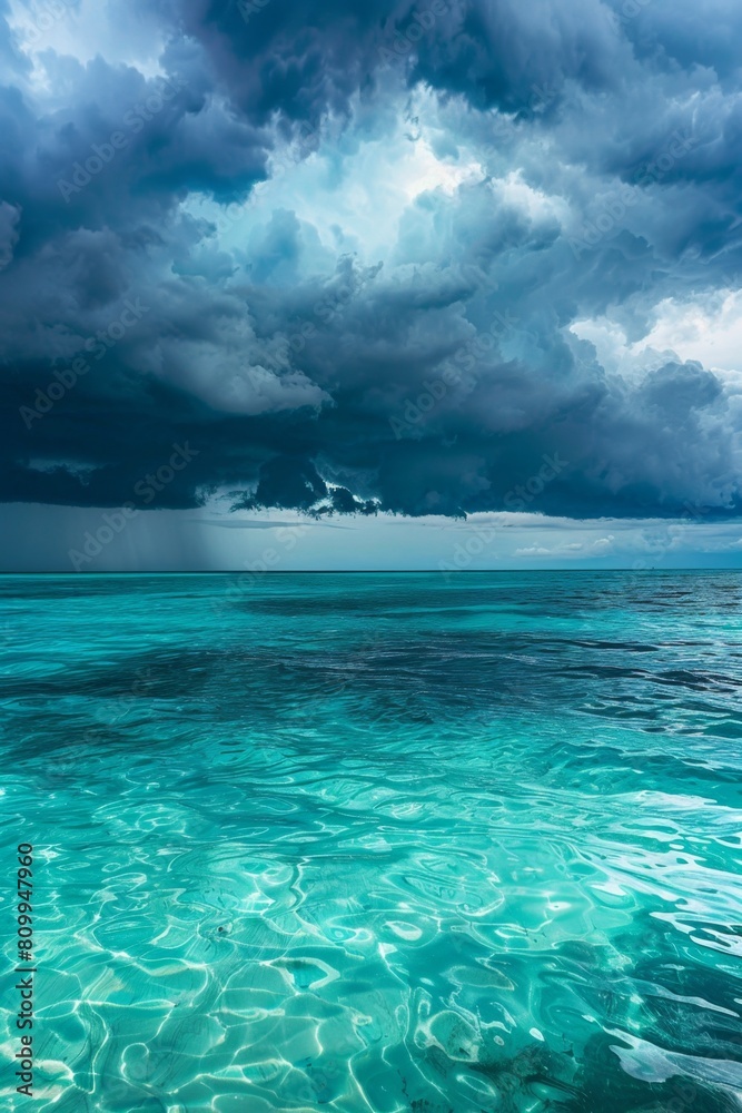 Obraz premium A storm brewing over the ocean, dark clouds contrasting with turquoise water, panoramic format