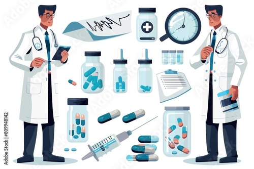 A man in a lab coat standing next to a bunch of pills. Ideal for medical concepts