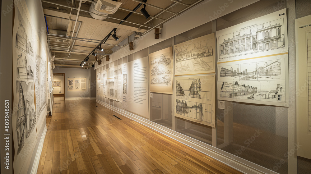 Fototapeta premium Architectural Drawings Exhibition in a Modern Art Gallery 