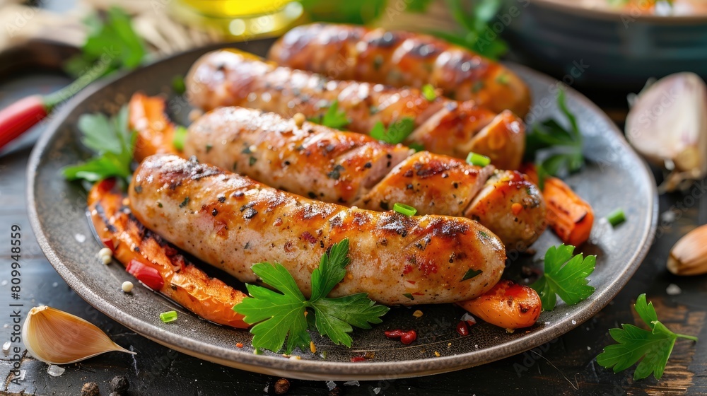 Sausages fried on fire in a plate with vegetables. Food for a picnic, a quick snack. Sausages fried on fire in a plate with vegetables. Food for a picnic, a quick snack.