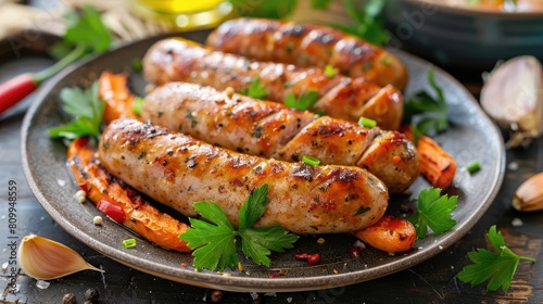 Sausages fried on fire in a plate with vegetables. Food for a picnic, a quick snack.