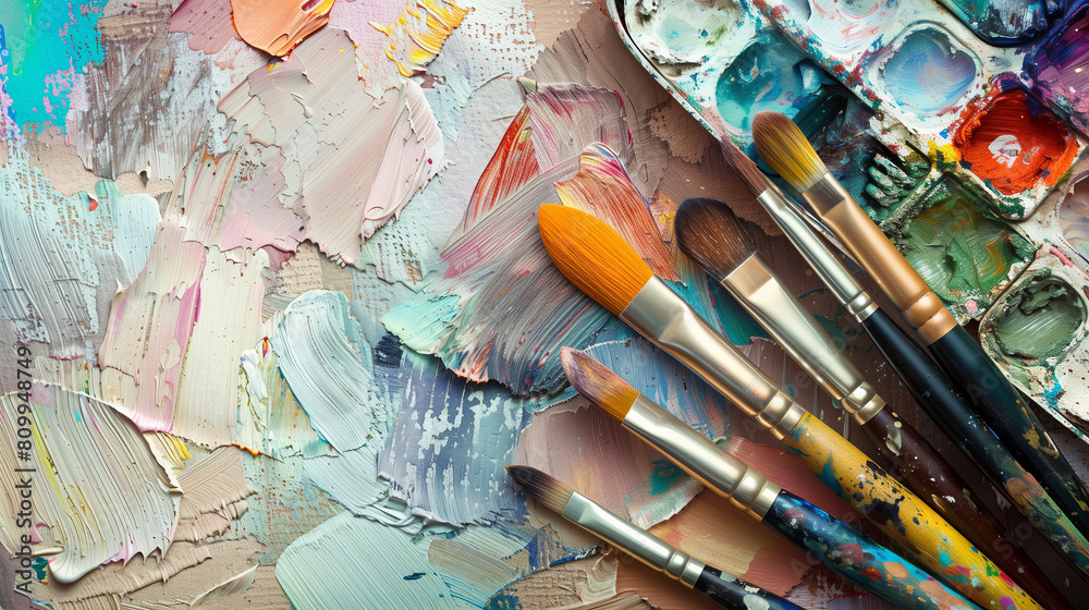 Vibrant Artist's Palette with Colorful Paints and Brushes
