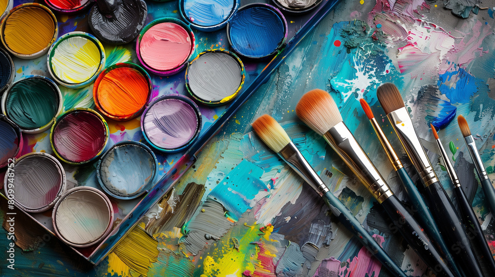 Colorful Artist's Palette with Paints and Brushes
Colorful Artist's Palette with Paints and Brushes