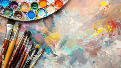 Colorful Artist's Palette with Brushes and Mixed Paint
