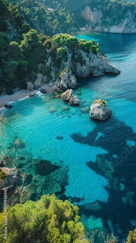 Aerial view of a secluded cove with crystal-clear turquoise water  fringed by lush greenery and dramatic cliffs