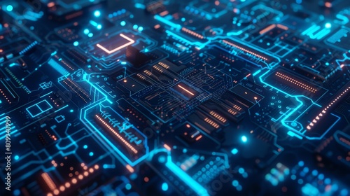 circuit board with glowing blue and orange lines