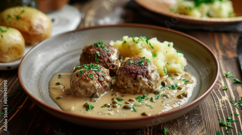 Delicious homemade meatballs in a rich creamy sauce, served with mashed potatoes and garnished with fresh parsley, on a wooden table