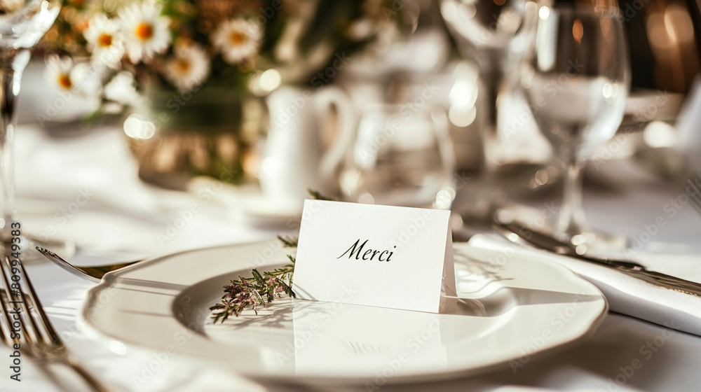 Elegant wedding place setting with 'Merci' card and floral decorations Elegant wedding place setting with 'Merci' card and floral decorations