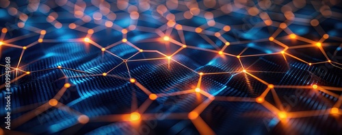 Gold and black geometric connection background with orange lights for futuristic navy abstract technology banner. Digital dark wallpaper