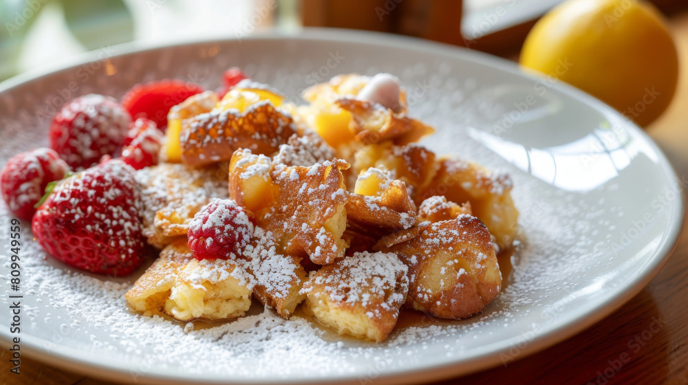 Delicious waffle dessert served on a white plate with ripe raspberries, sprinkled with powdered sugar, perfect for a sweet breakfast