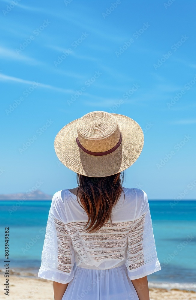 Woman in straw hat standing at the beach, looking at sea, back view