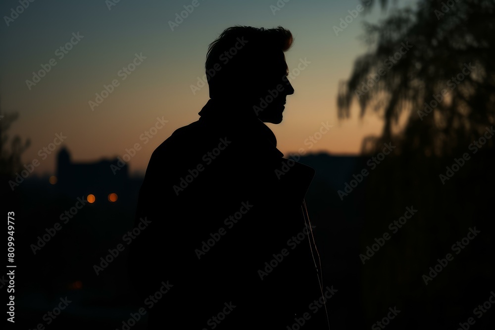 Contemplative silhouette of a man against a twilight sky, evoking mood and mystery Contemplative silhouette of a man against a twilight sky, evoking mood and mystery