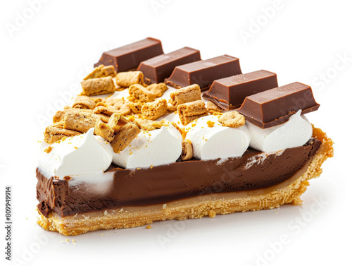 A slice of chocolate cake with marshmallows and chocolate bars on top