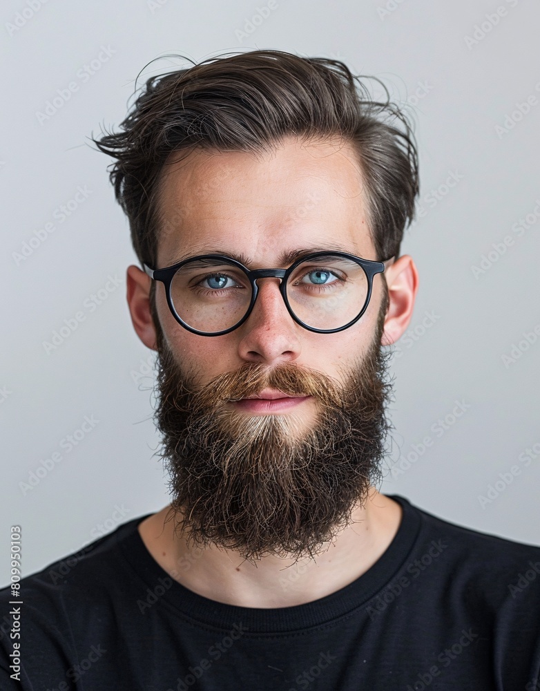 ID Photo for Passport : European young adult man with straight short black hair and blue eyes, long beard, with glasses and wearing a black t-shirt ID Photo for Passport : European young adult man with straight short black hair and blue eyes, long beard, with glasses and wearing a black t-shirt