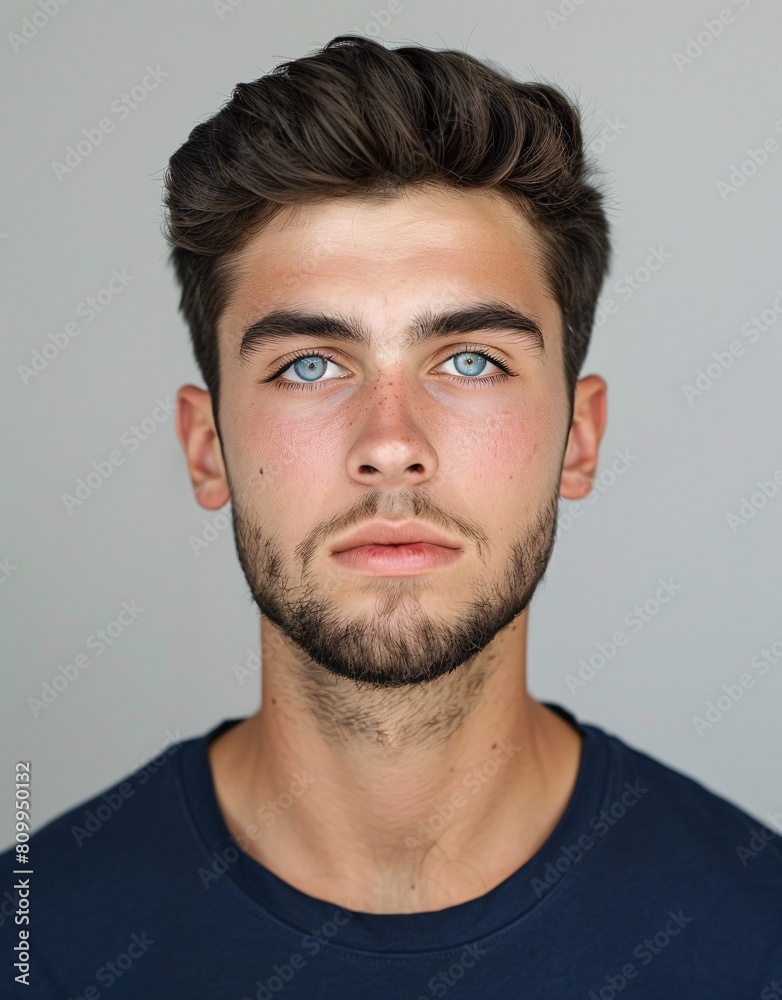Obraz premium ID Photo for Passport : European young adult man with straight short black hair and blue eyes, short beard, without glasses and wearing a navy t-shirt