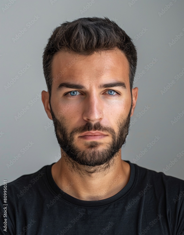ID Photo for Passport : European young adult man with straight short black hair and blue eyes, medium beard, without glasses and wearing a black t-shirt ID Photo for Passport : European young adult man with straight short black hair and blue eyes, medium beard, without glasses and wearing a black t-shirt