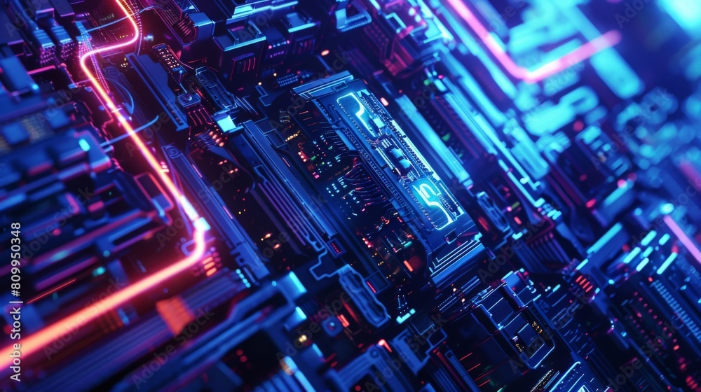 A close up of a circuit board with blue and red glowing lines.