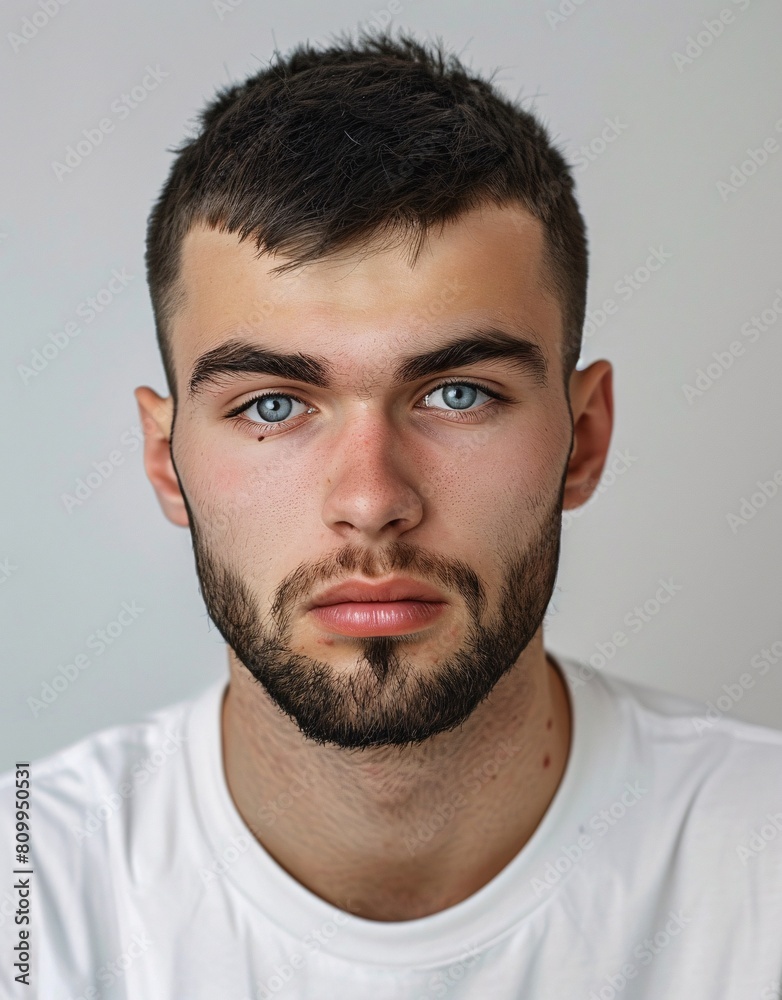 Fototapeta premium ID Photo for Passport : European young adult man with straight short black hair and blue eyes, medium beard, without glasses and wearing a white t-shirt
