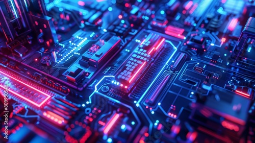 A close up of a computer circuit board with red and blue lights.