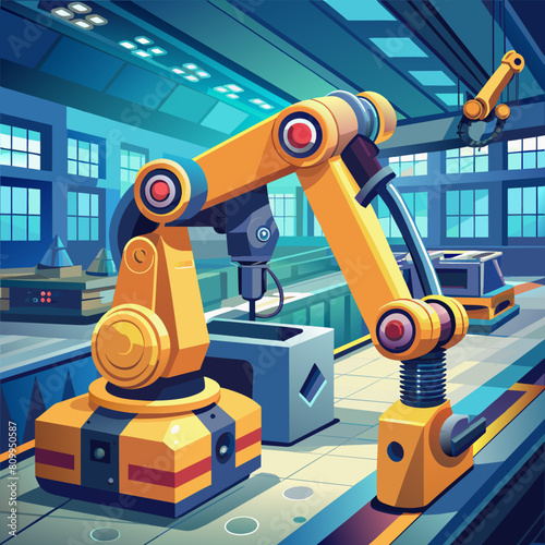 Advanced robotic arm in manufacturing. Precision automation technology. Industry 4.0 metaphor. Low poly vector illustration with 3D effect on factory interior background.1