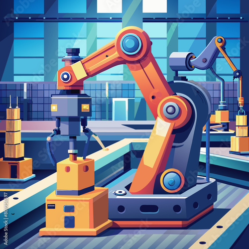 Advanced robotic arm in manufacturing. Precision automation technology. Industry 4.0 metaphor. Low poly vector illustration with 3D effect on factory interior background.