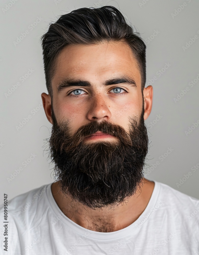 Obraz premium ID Photo for Passport : European young adult man with straight short black hair and blue eyes, long beard, without glasses and wearing a white t-shirt