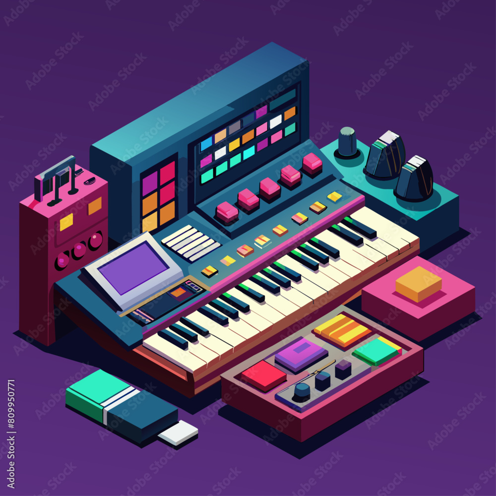 Digital music production. Electronic synthesizer and mixing console. Audio technology concept. Low poly vector illustration with 3D effect on studio background. Digital music production. Electronic synthesizer and mixing console. Audio technology concept. Low poly vector illustration with 3D effect on studio background.