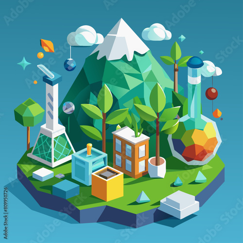 Biodegradable materials research. Sustainable technology and eco-friendly production. Green innovation. Low poly vector illustration with 3D effect on laboratory background.1