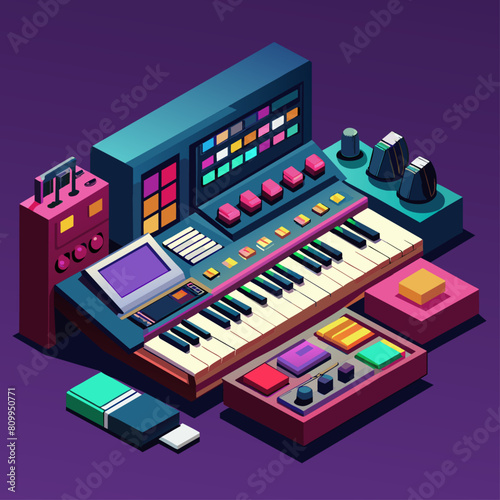 Digital music production. Electronic synthesizer and mixing console. Audio technology concept. Low poly vector illustration with 3D effect on studio background.