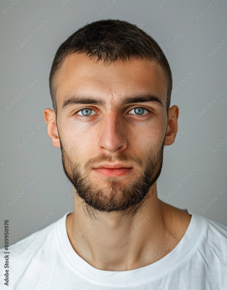 Fototapeta premium ID Photo for Passport : European young adult man with straight short black hair and blue eyes, short beard, without glasses and wearing a white t-shirt