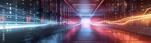 The server room of tomorrow features luminous data lines  embodying rapid data exchange and cutting-edge storage solutions.