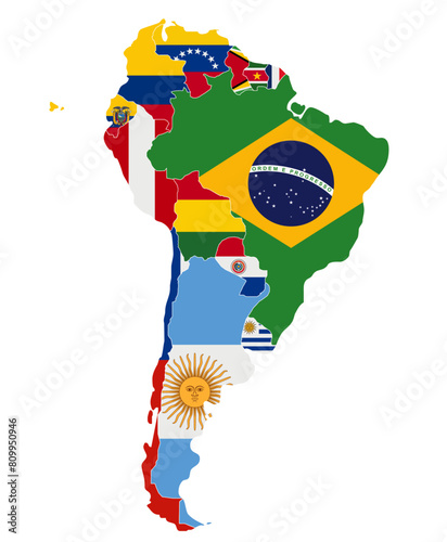 Political South America Map vector illustration with the flags of all countries. Editable and clearly labeled layers.