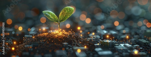 A vibrant digital sprout emerges among circuits, symbolizing the growth and care essential for nurturing startups.