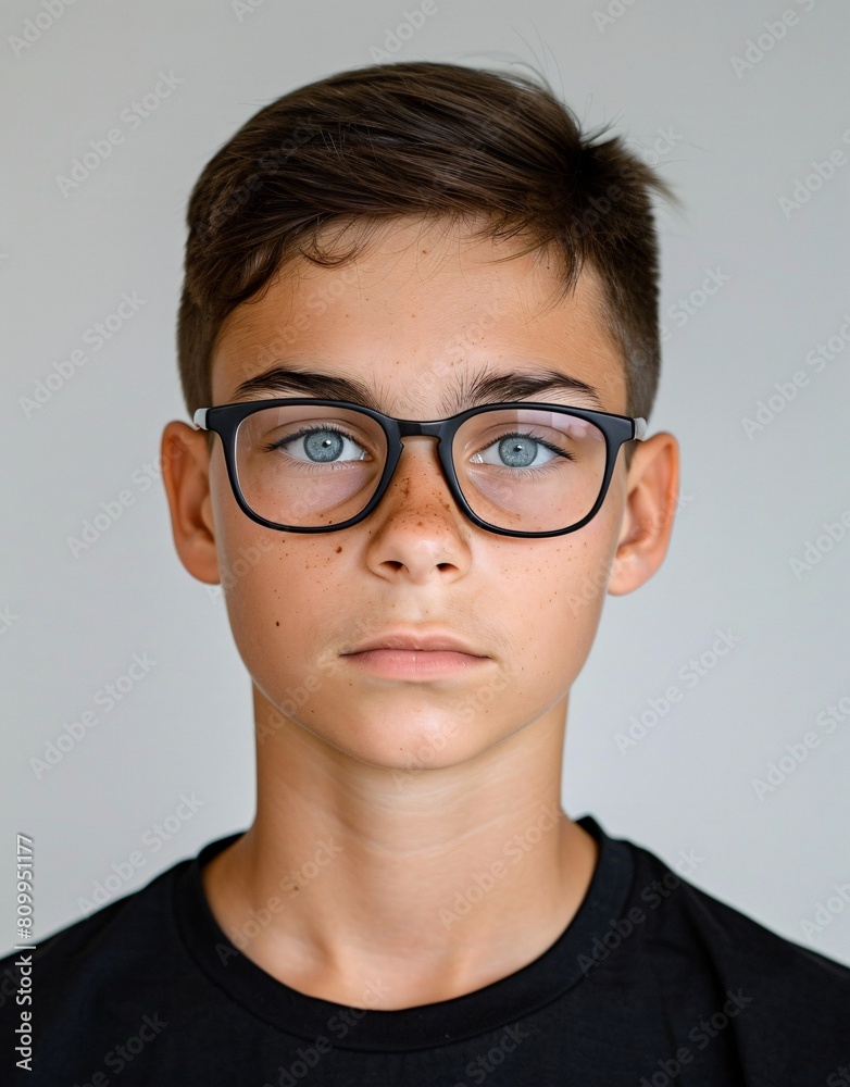 ID Photo for Passport : European teenager boy with straight short black hair and blue eyes, with glasses and wearing a black t-shirt ID Photo for Passport : European teenager boy with straight short black hair and blue eyes, with glasses and wearing a black t-shirt