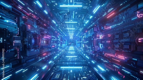 spaceship interior with blue and pink neon lights