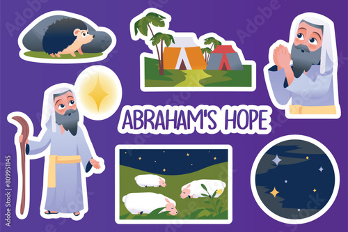 Set of stickers Abraham's hope in flat cartoon design. This illustration offers a set of stickers with the old man Abraham and elements related to his life. Vector illustration. © Andrey