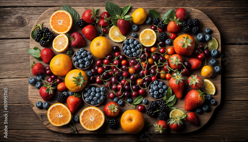 Fruits on a wooden tray. Strawberries blueberries and citrus fruits on a wooden table. Dramatic lighting. View from above