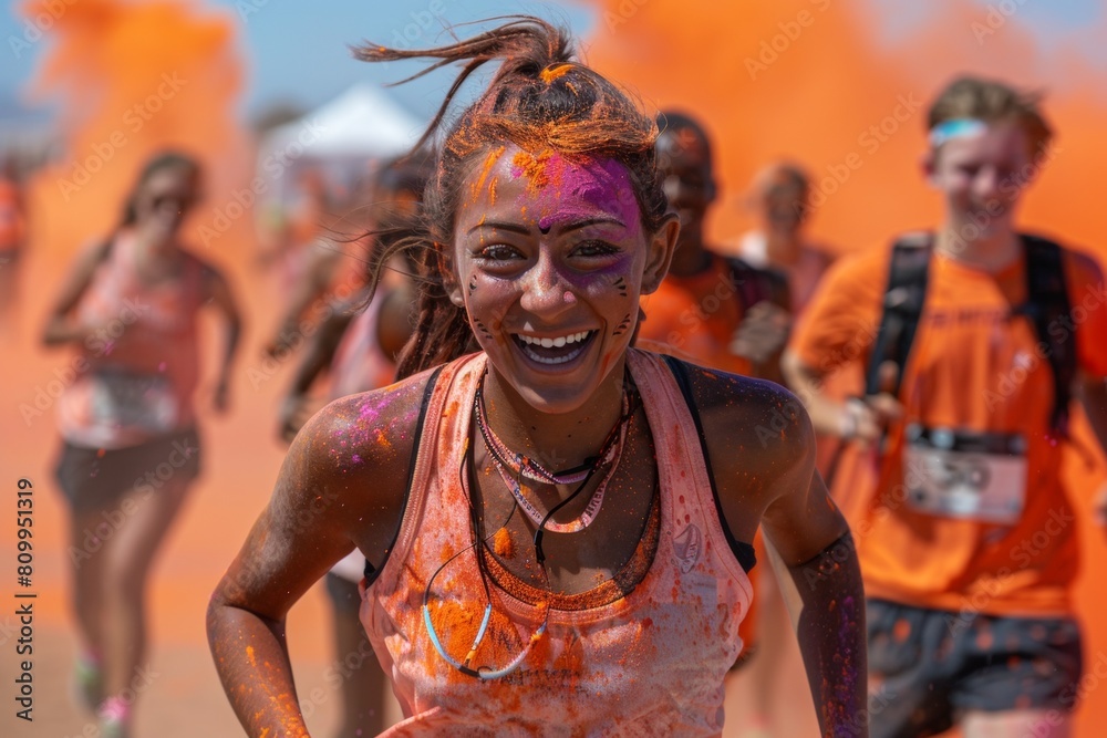 A colorful explosion as runners are showered with Holi powder during a vibrant cultural-themed run A colorful explosion as runners are showered with Holi powder during a vibrant cultural-themed run