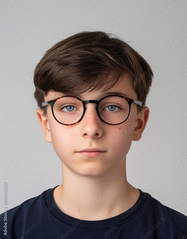 ID Photo for Passport : European teenager boy with straight short black hair and blue eyes, with glasses and wearing a navy t-shirt ID Photo for Passport : European teenager boy with straight short black hair and blue eyes, with glasses and wearing a navy t-shirt