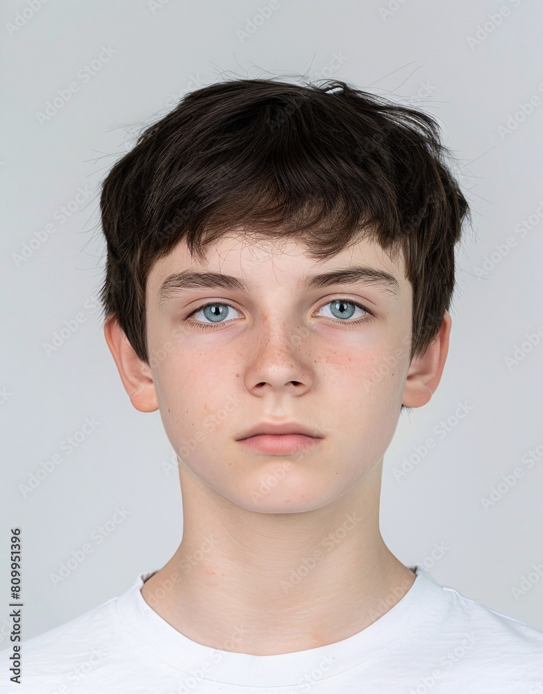 ID Photo for Passport : European teenager boy with straight short black hair and blue eyes, without glasses and wearing a white t-shirt ID Photo for Passport : European teenager boy with straight short black hair and blue eyes, without glasses and wearing a white t-shirt
