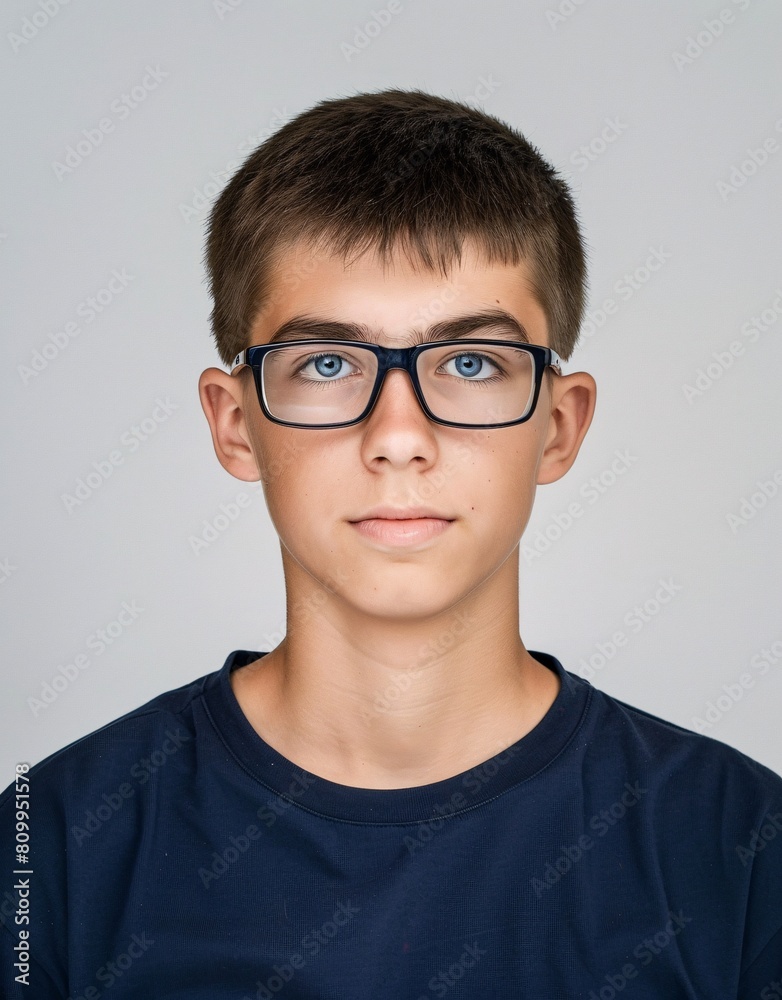 ID Photo for Passport : European teenager boy with straight short black hair and blue eyes, with glasses and wearing a navy t-shirt ID Photo for Passport : European teenager boy with straight short black hair and blue eyes, with glasses and wearing a navy t-shirt