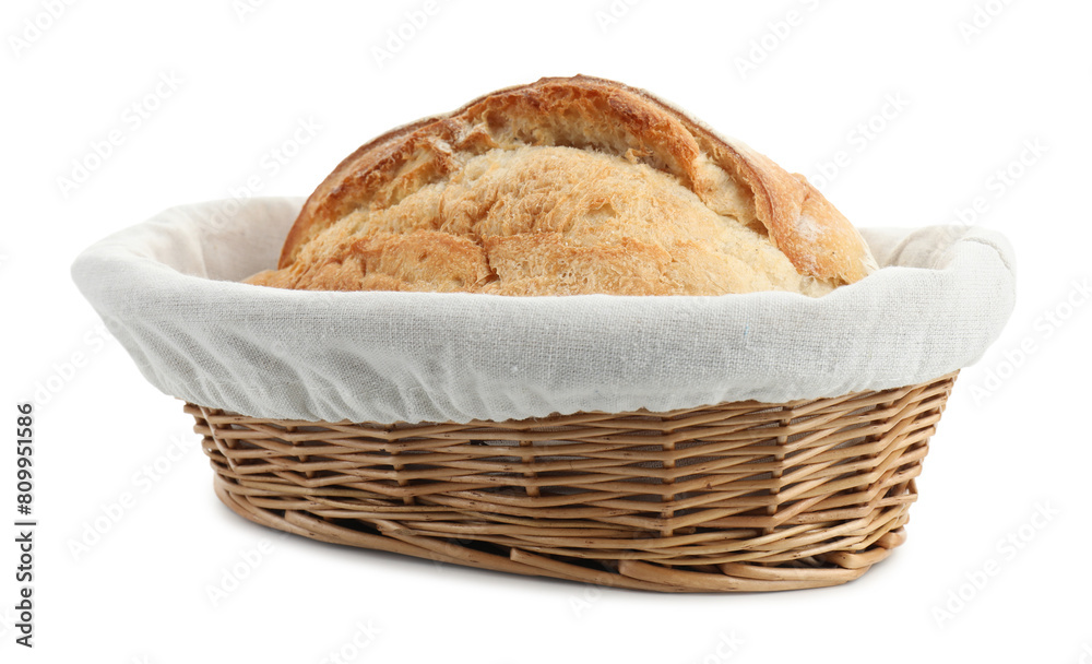 Wicker basket with fresh bread isolated on white Wicker basket with fresh bread isolated on white
