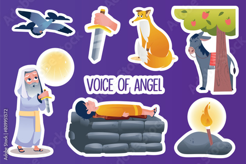 Set of stickers Voice of angel in flat cartoon design. This image depicts the moment of the sacrifice of Isaac, the saddened Abraham and the animals around them. Vector illustration. © Andrey