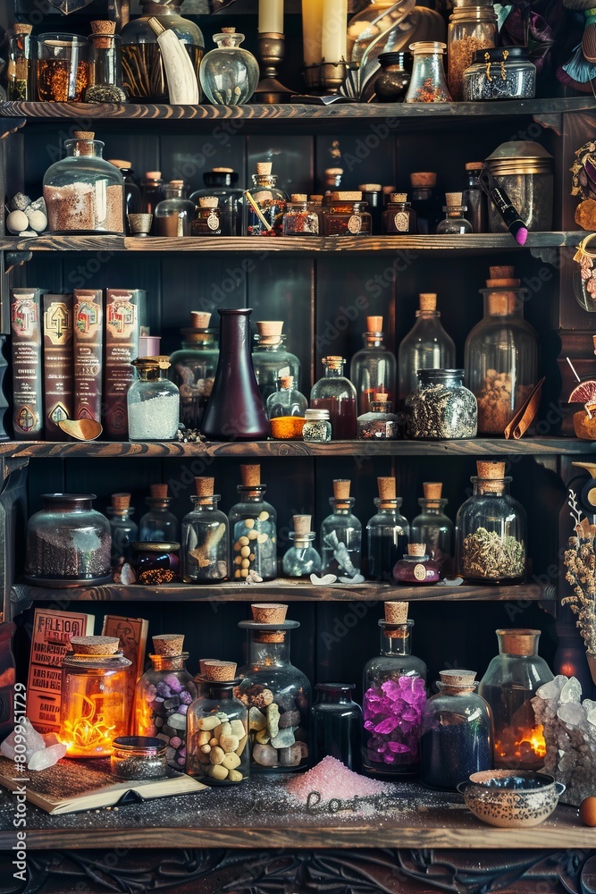 Illustration of occult magic magazine and shelf with various potions, bottles, poisons, crystals, salt. Alchemical medicine concept	