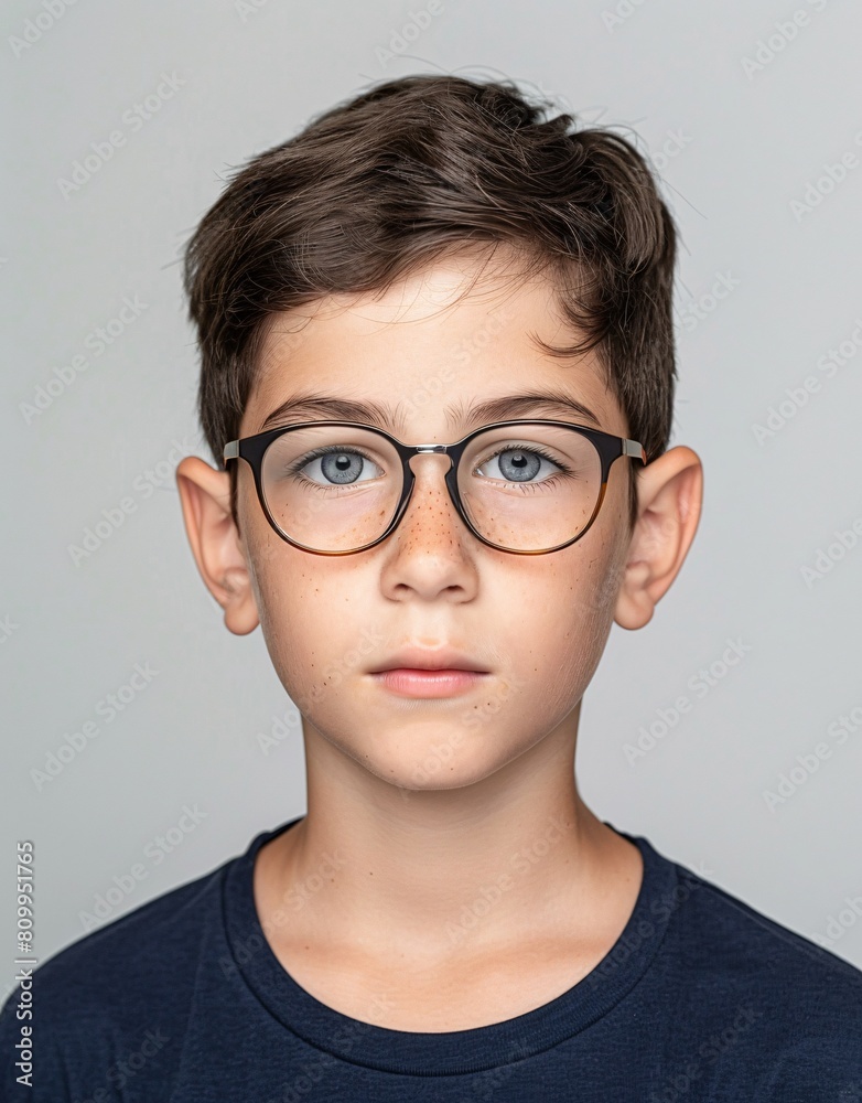 ID Photo for Passport : European teenager boy with straight short black hair and blue eyes, with glasses and wearing a navy t-shirt ID Photo for Passport : European teenager boy with straight short black hair and blue eyes, with glasses and wearing a navy t-shirt